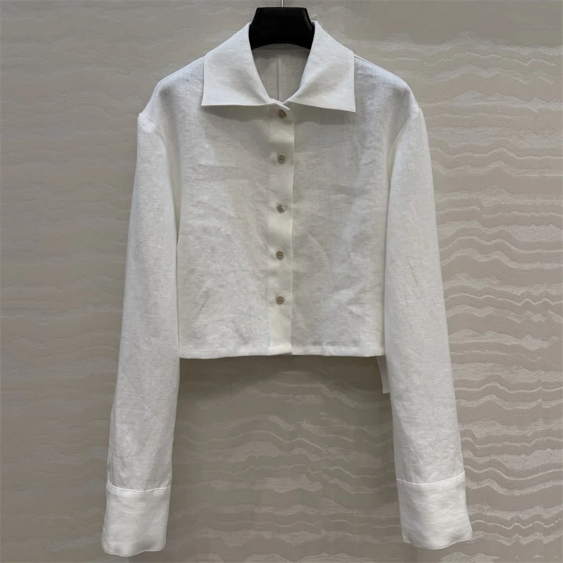 

Women's shirt 2026 summer new single breasted slim fit women's long sleeved top 100% linen collared Women's blouse y2k thin coat