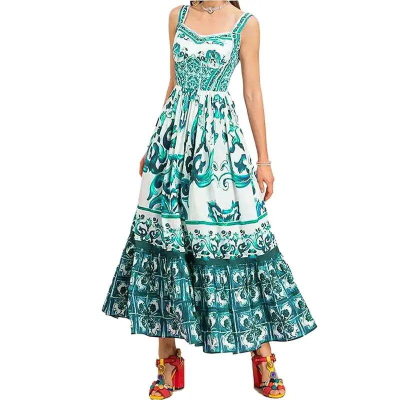 Summer Women\'s Bohemian Sling Long Dress 2025 Spring New Holiday Beach Female Elegant Big Swing Print Sleeveless A-line Dresses