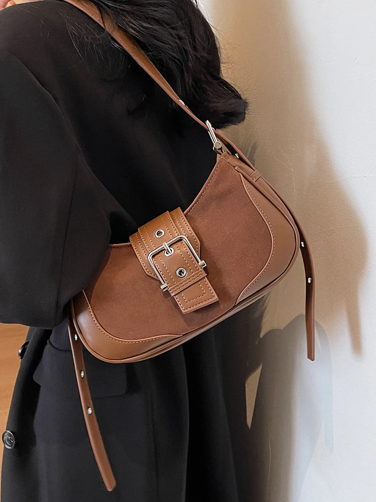 Retro Nubuck Leather Underarm Bag Women's Autum Winter New Fashion Shoulder Bag Temperament PU Splicing Versatile Crossbody Bags