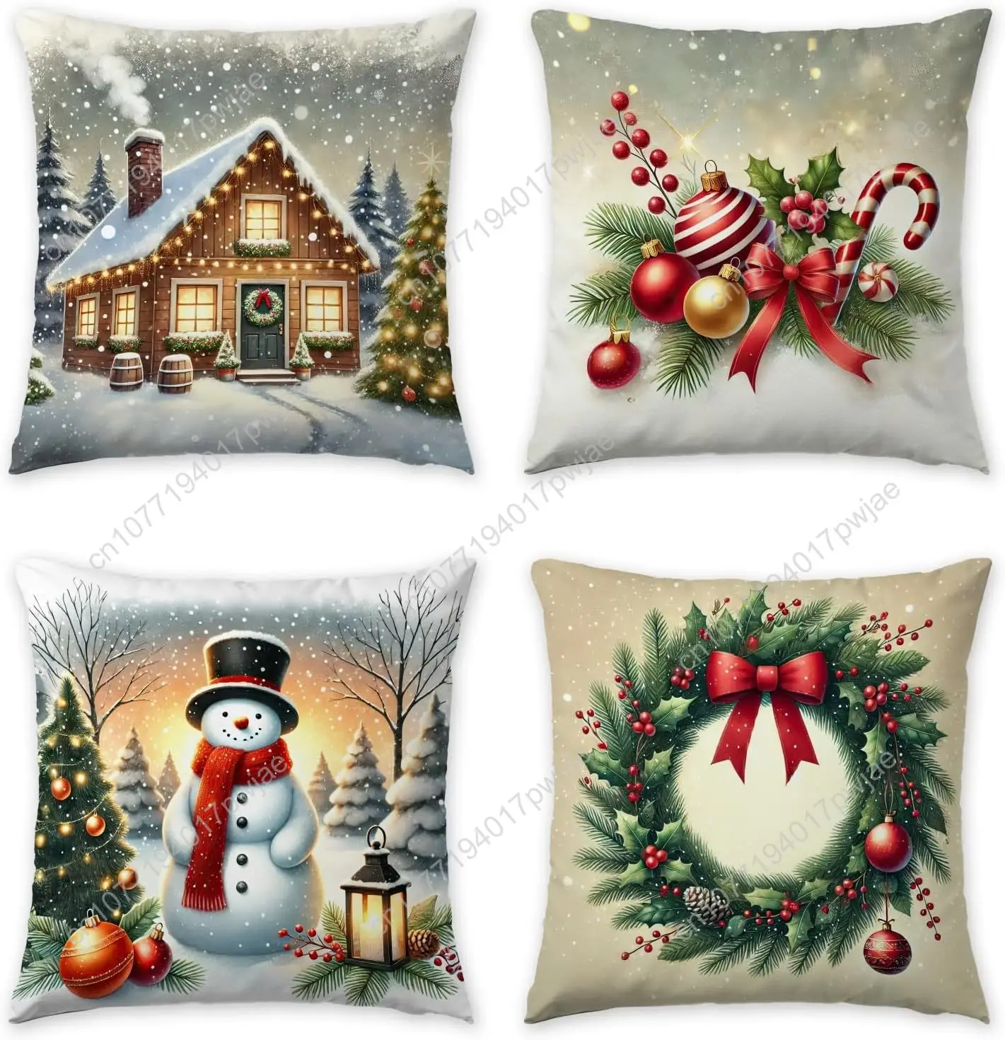 

Christmas Pillow Covers 18x18 inch Set of 4, Holiday Winter Outdoor Vintage Tree Snowflake Xmas Snowman Neutral Farmhouse Gold S