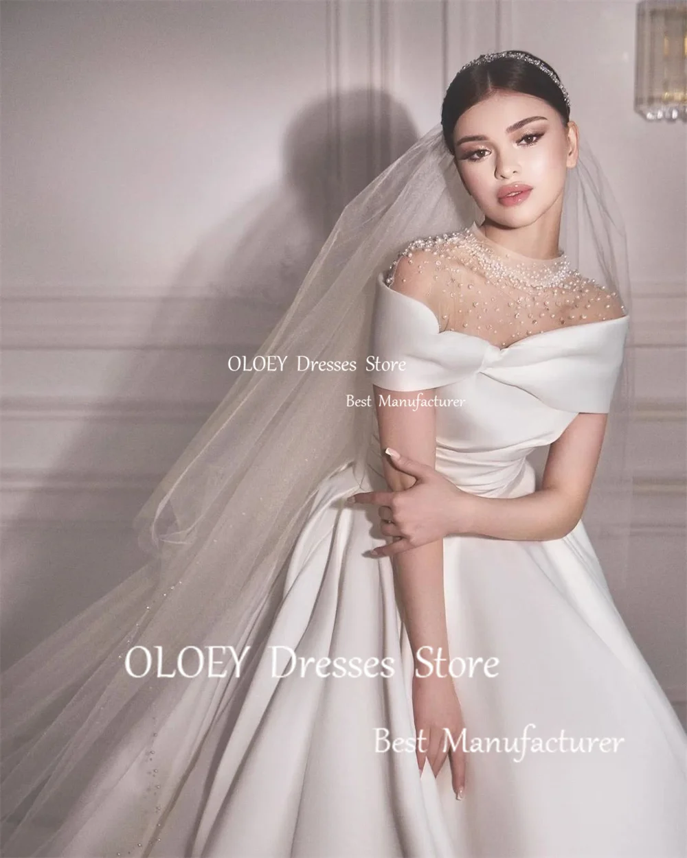 OLOEY Luxury Ivory Wedding Dress Beads Pearls 2025 Off Shoulder Bridal Gown Court Train Zipper Back A Line Bride Dress Vestido