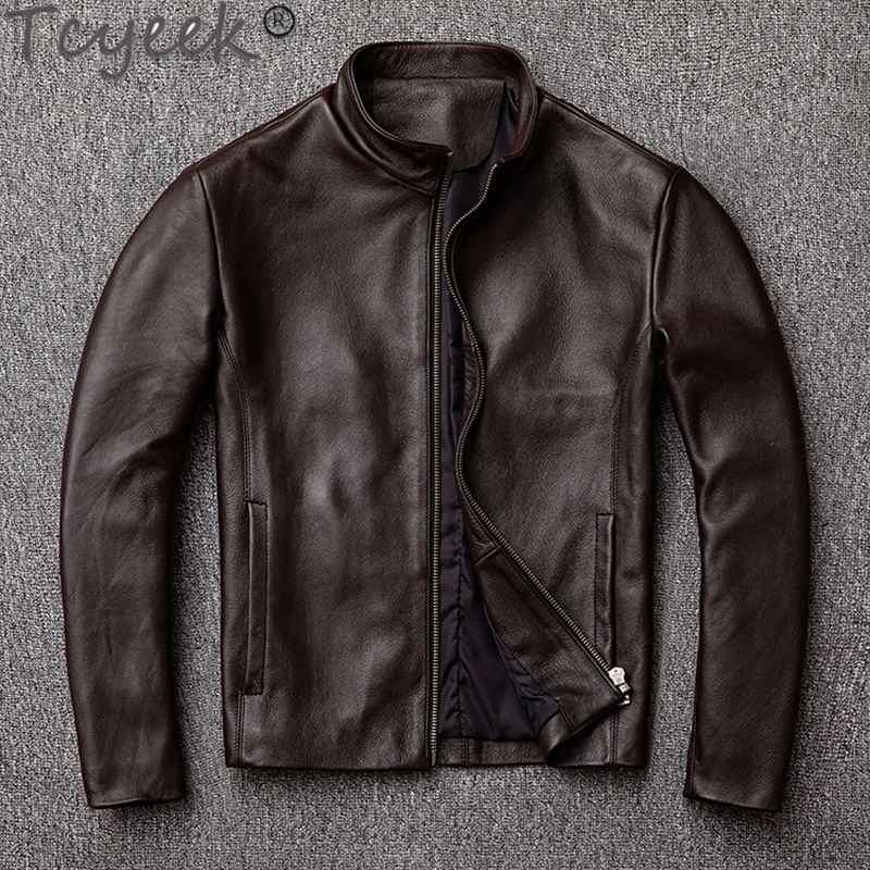 Tcyeek Top Layer Cowhide Coats Men New Leather Coat Genuine Leather Man Jackets Spring Autumn Clothes Slim Fit Jaqueta Couro