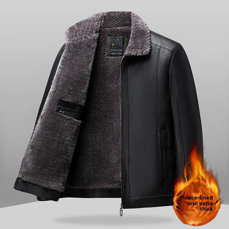 

Мужская кожаная куртка Thiened Fce на подкладке, теплая верхняя одежда из натурального меха для папы, длинное повседневное пальто на молнии с застежкой-молнией