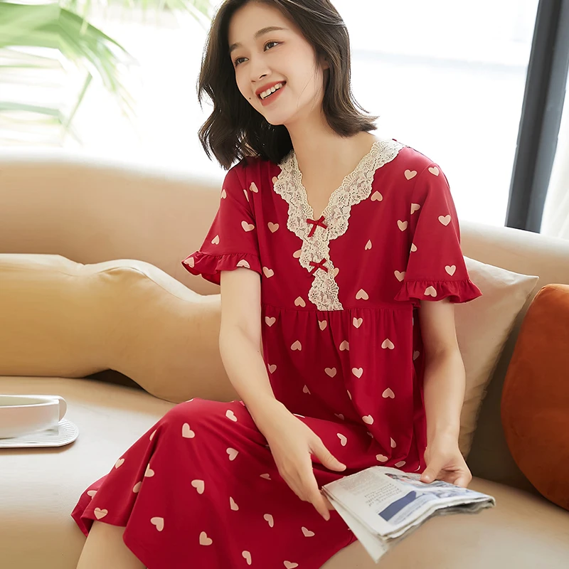 夏用軽量純綿半袖スリープドレス-レディースゆったりプラスサイズ-中年ママ向け-屋外でも着られる-ホームウェア-ミディスカート