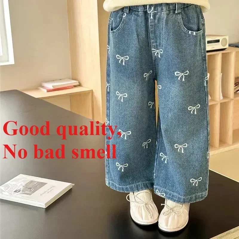 

4626 Children Pant Spring and Autumn Hot Sale Good Quality Girl's Jeans Korean Printed Bows Baby Girl's Straight Denim Pant
