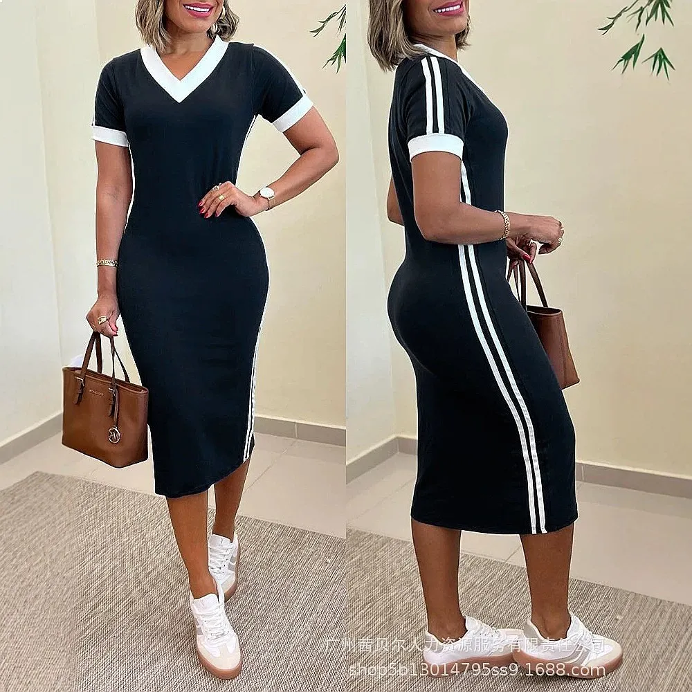 Side Stripe V Neck Bodycon Dress, Spring Summer Fitted Dresses for Women