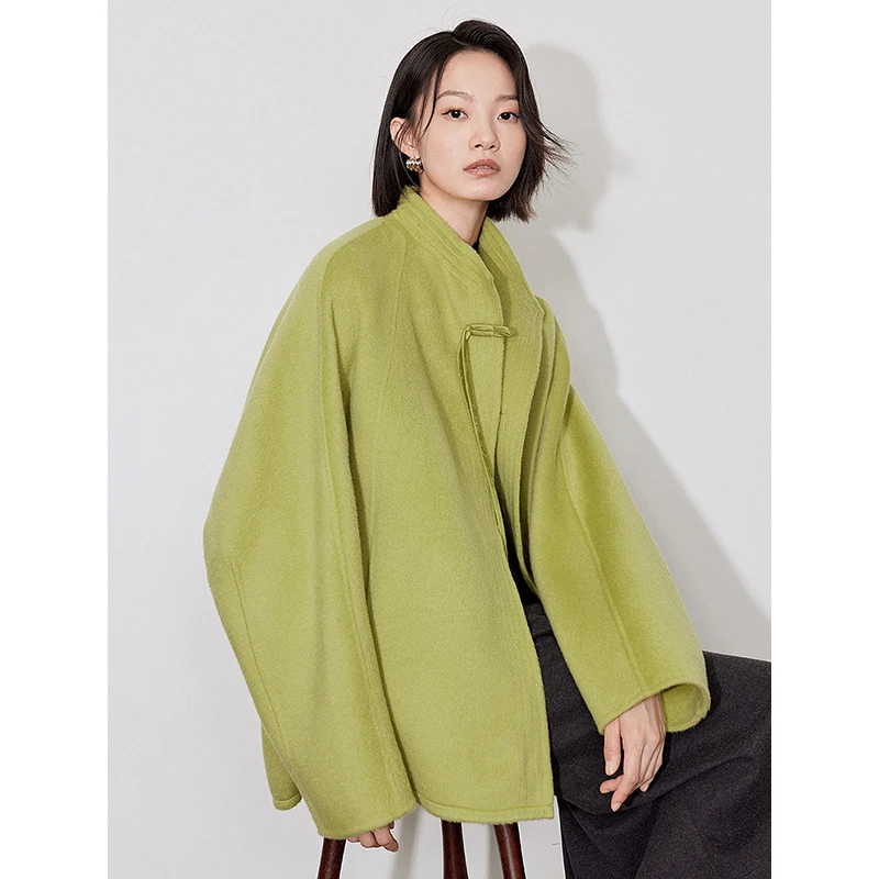 TOYOUTH Women Woolen Coats 2024 Winter New 2024 Winter New Chinese Style Double Side Stand Collar Green Woolen Jacket