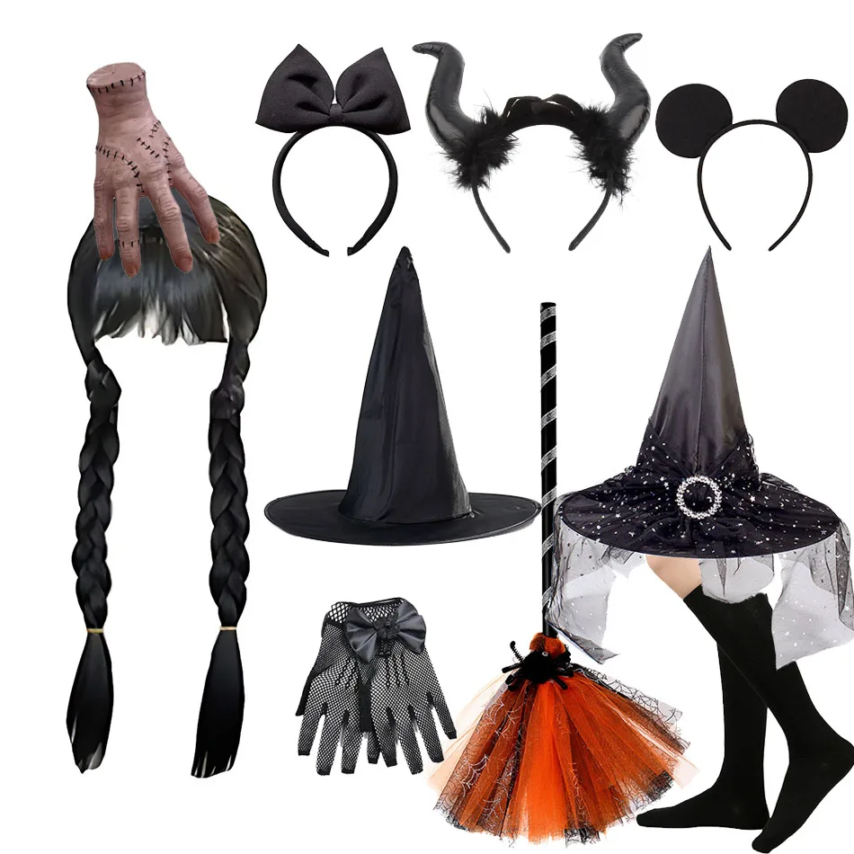 Children Halloween Party Accessories Girls Wednesday Wig Thing Hand Addams Stockings Kids Witch Hat Broom Girl Black Headband 