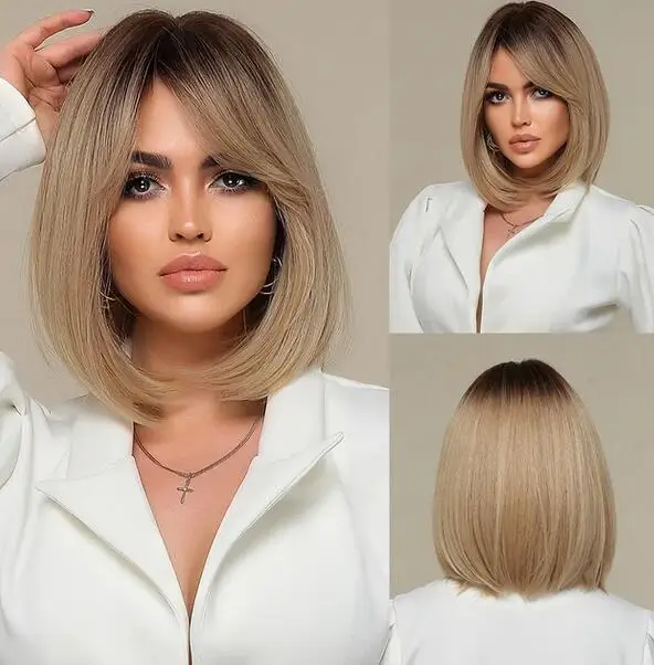 

Short straight wig, brown blonde hair, natural synthetic wig