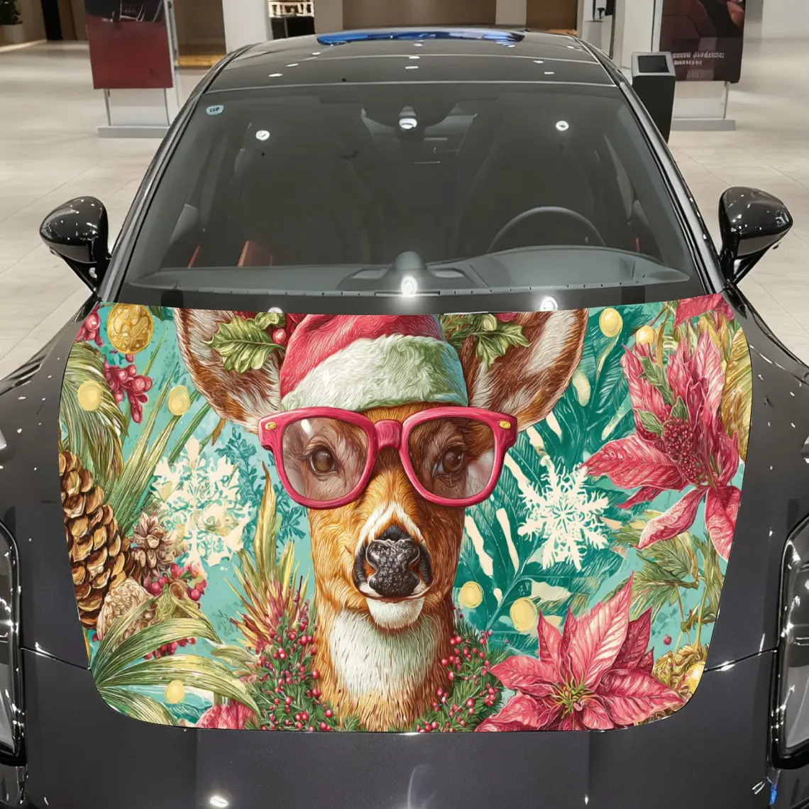 

Colorful Christmas Deer with Sunglasses Car Hood Decal, Waterproof Self-adhesive Vehicle Vinyl Wraps Sticker, Cool Auto Cover De