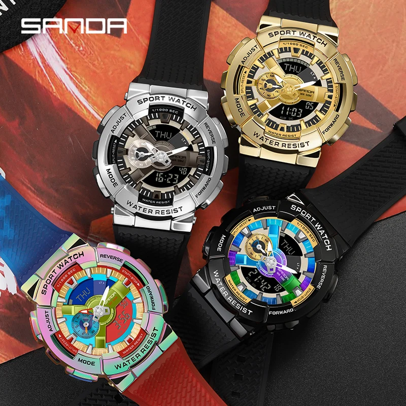 Fashion Sanda Men Military Sport Dual Display Electronic Watch 50m Waterproof Shock Top Luxury Clock Digital Wristwatch 9004