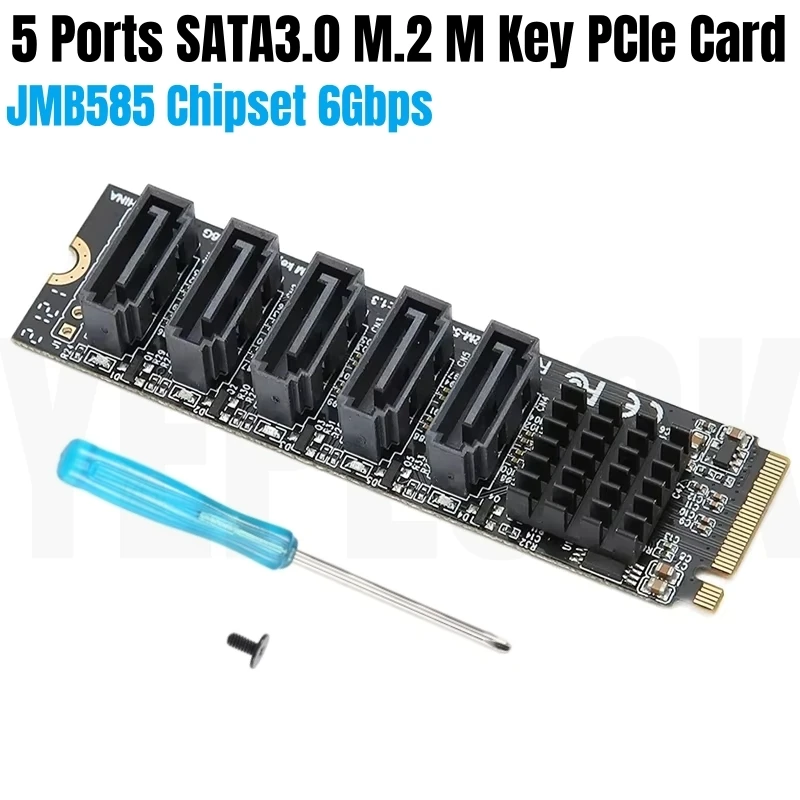 

5 Ports SATA3.0 SATAIII PCIe M.2 NVME M-Key 6Gbps SSD HDD Expansion Adapter Card JMB585 Chipset, No need Driver, Plug&Play, PH56