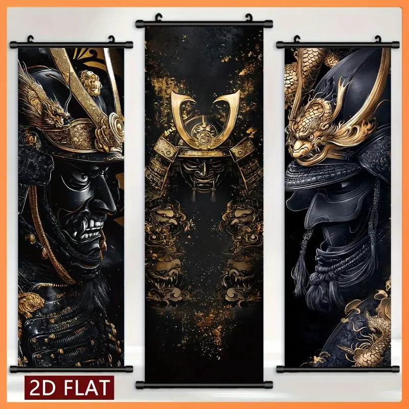 VIKAMA Gilded Samurai Kabuto Wall Tapestry Dragon Motif Gold Leaf Premium Scroll Art Home Decor Soft Durable Cozy Aesthetic Gift