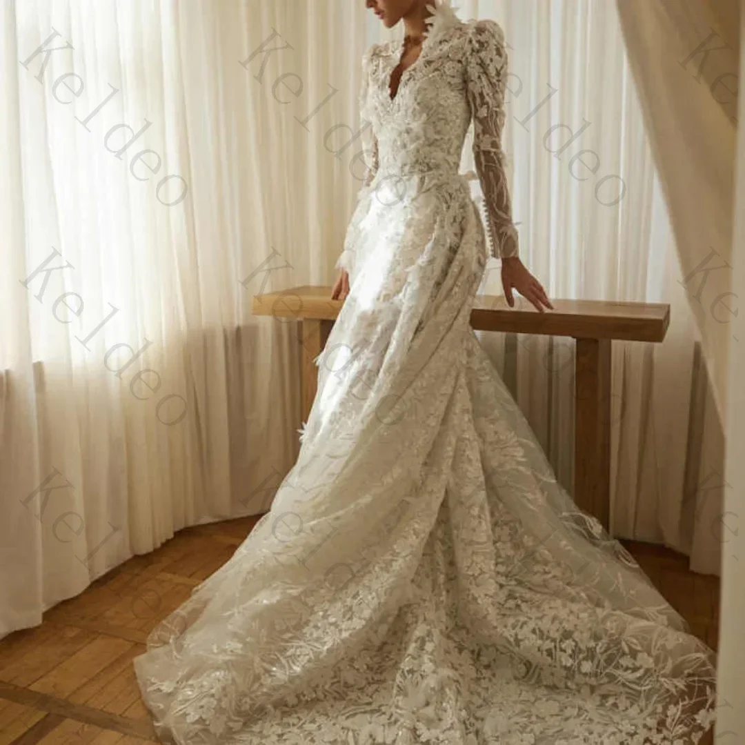 Customized Elegant V Neck A-line Long Sleeve Wedding Dresses High Quality Sequin Lace Appliques Pearls Floor-Length Bridal Gowns