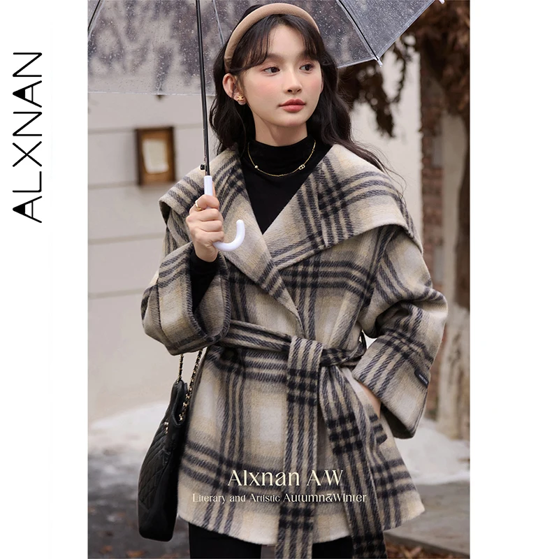 

ALXNAN шерстяное пальто в клетку с поясом с зубчатым лацканом и воротником-стойкой, двусторонние пальто, утепленное женское пальто 2025 г. L523150