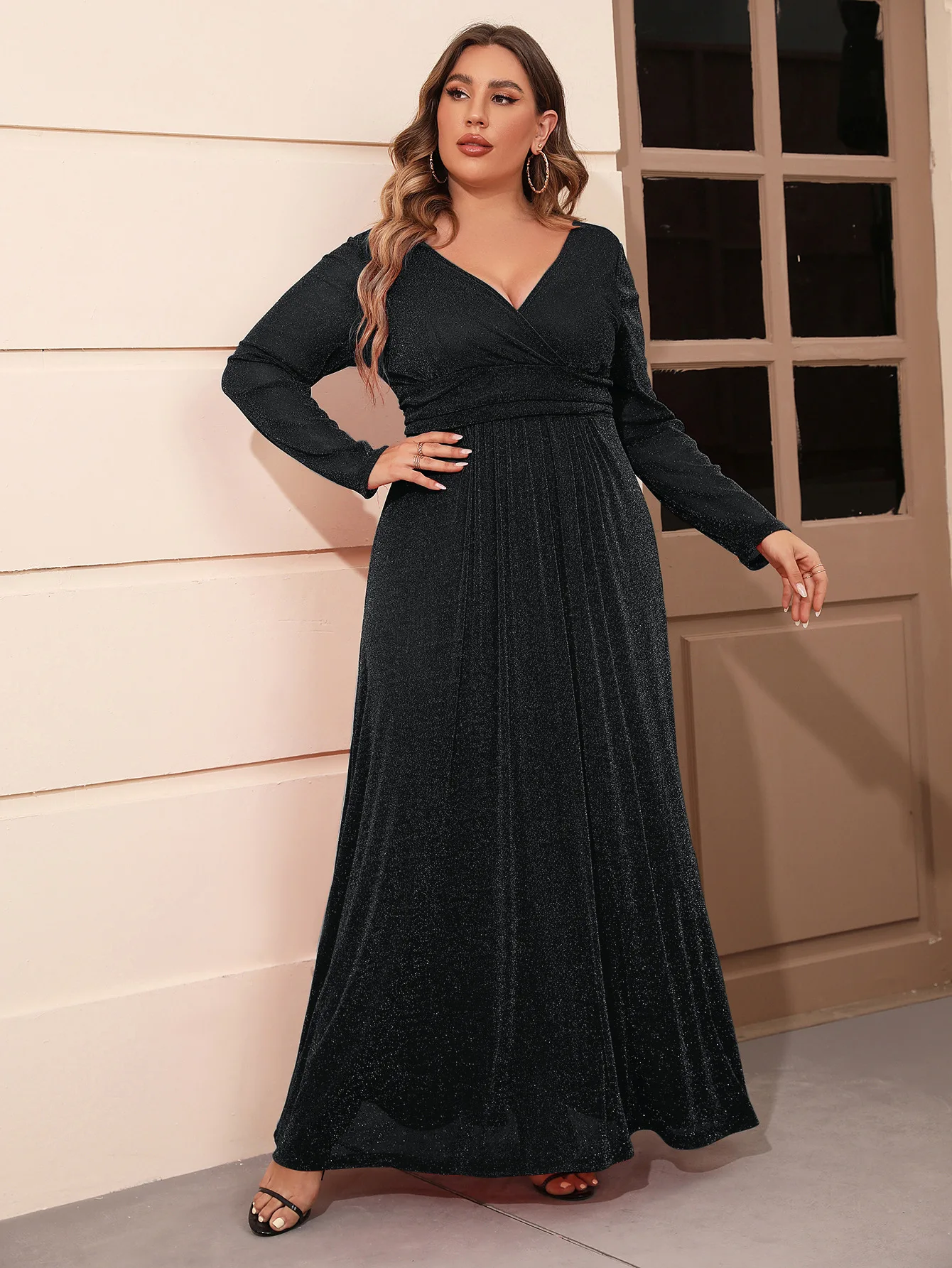 Plus Size Casual Solid Color Dress Women 2023 Fall New V-Neck Long Sleeve Mesh Gown Dress Fashion Elegant Evening Party Dresses