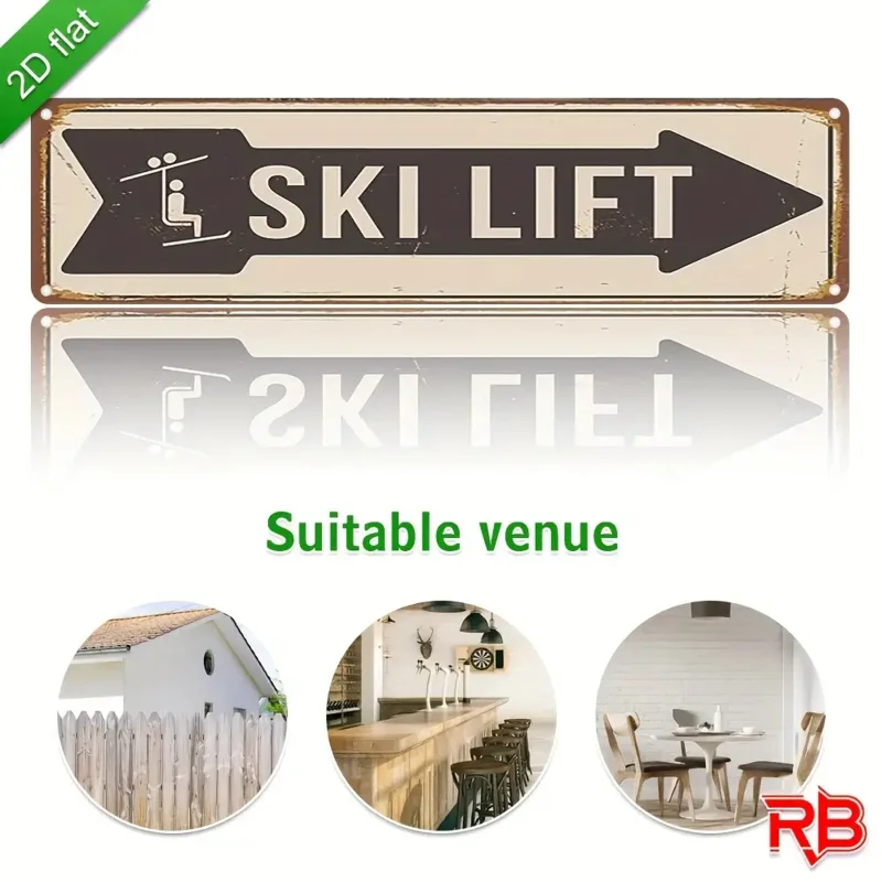 Ski Lift Tin Sign, Retro Vintage Arrow Metal Wall Plaque for Ski Lodge, Cabin, Man Cave & Winter Sports Decor, 2D Flat Printing