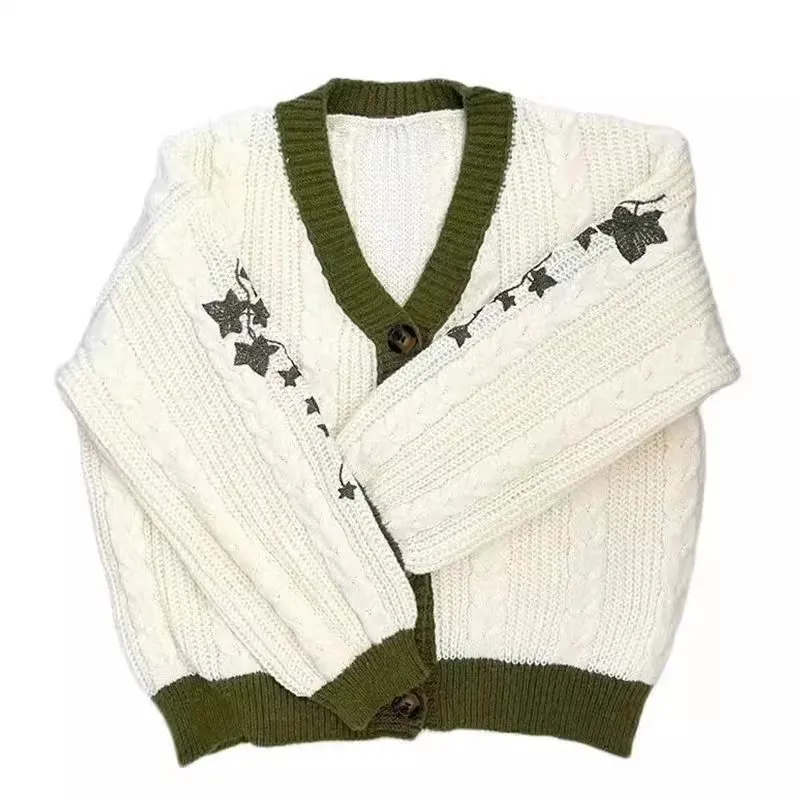 HOUZHOU Evermore Tay Cardigan Women Green Leaf Embroidery Button Knit TS Cardigan Long Sleeve Vintage Sweater Coat Fall Winter