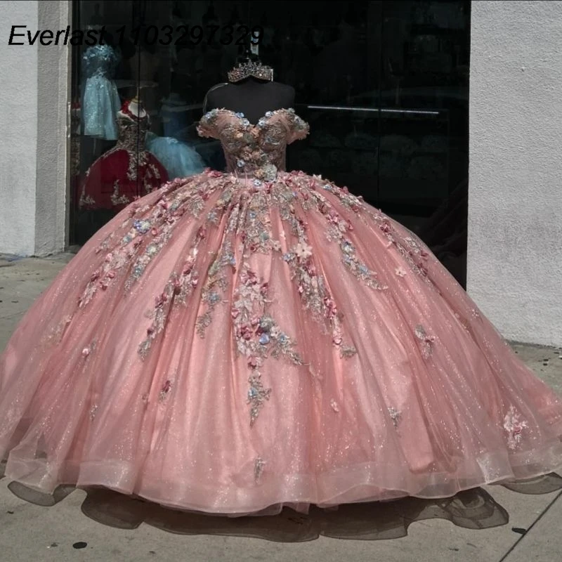 EVLAST Customized Pink Quinceanera Dress Ball Gown 3D Floral Applique Beaded Crystal Corset Sweet 16 Vestido De 15 Anos QD1031