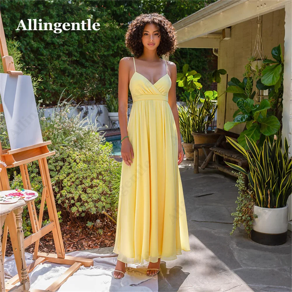 

Allingentle 2024 Simple Chiffon Bridesmaid Dress Yellow Ruched V Neck Spaghetti Strap Sleeveless Evening Gown Vestidos De Fiesta