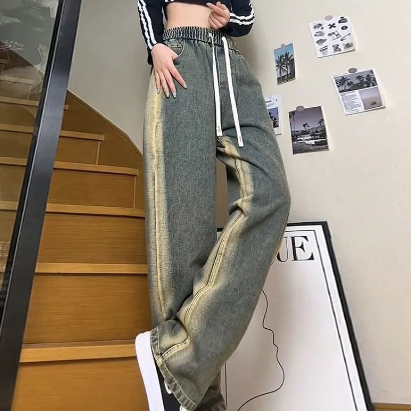 

Джинсовые брюки с желтым грязевым градиентом, прямые брюки с эластичной резинкой на талии, свободные и утягивающие широкие мужские брюки