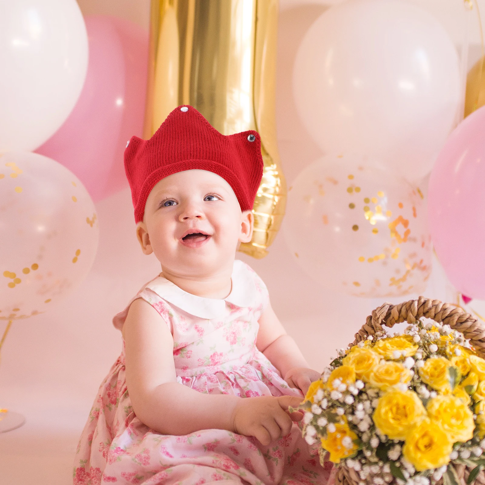 

Kids Knitted Crown Hat Birthday Party Baby Girl Decorative Headwear Lightweight Soft Stretchable Fashion Celebration Accessory