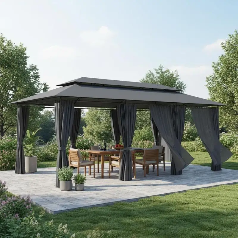 Belvédère anthracite 600x298x270 cm avec structure en acier tubulaire, toit en polyester enduit PA résistant aux UV et imperméable, livré avec rideaux amovibles anti-insectes. Spacieux pour les mariages et les barbecues, montage rapide, interdiction en cas de vent fort, de pluie