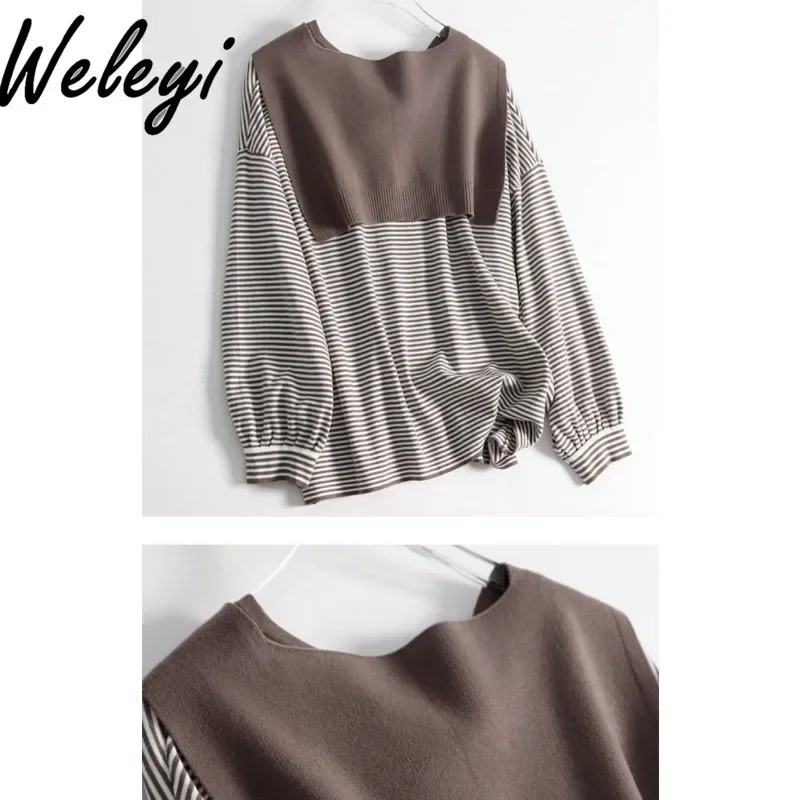 Shawl Two Piece Striped Base Knitted Sweater Autumn High End Temperament Loose Chic Round Neck Long Sleeve Cashmere Sweaters