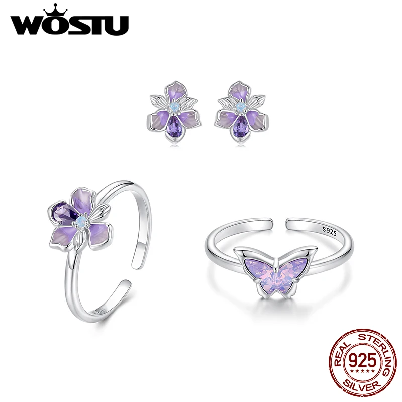 WOSTU 925 Sterling Silver Romantic Iris Flower Earrings Open Ring Set Butterfly Open Ring for Women Party Gift Fine Jewelry