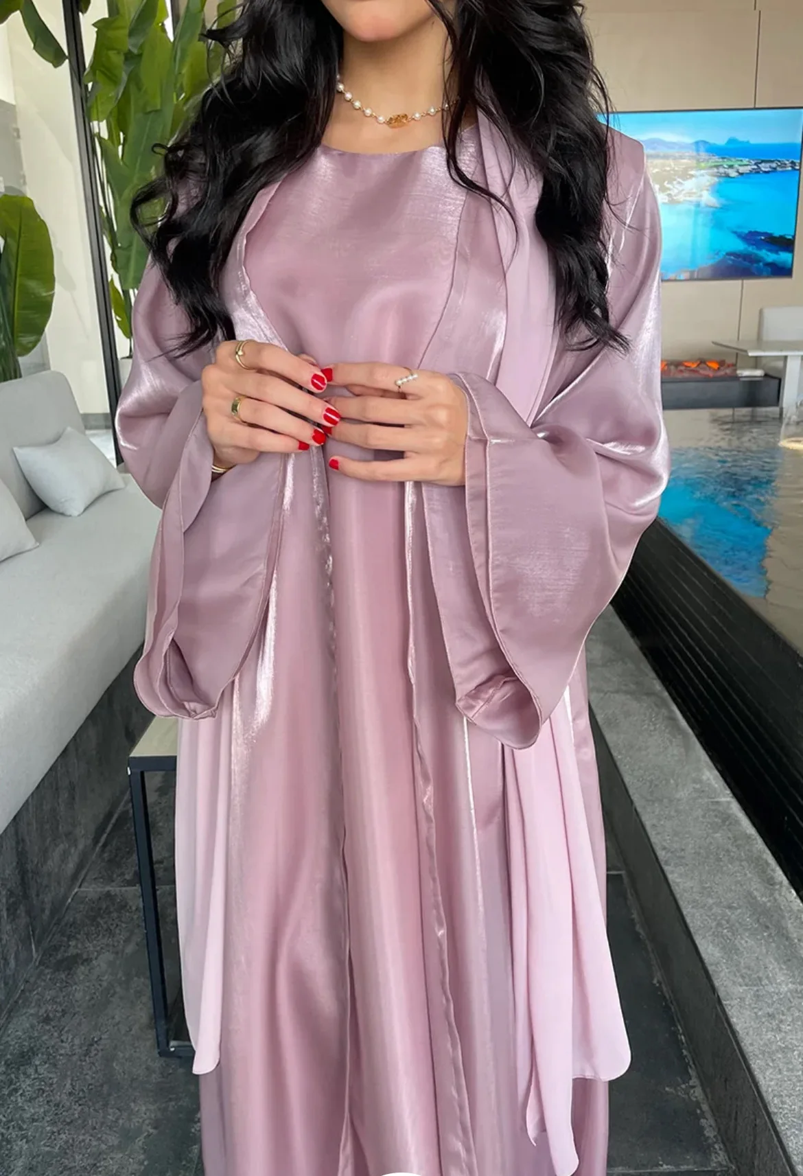 Eid Dubai Lusso Raso Lucido Aperto Kimono Abaya 2 Pezzi Set Musulmano Modesto Caftano Abiti Islam Abbigliamento per Le Donne Robe Femme Abito