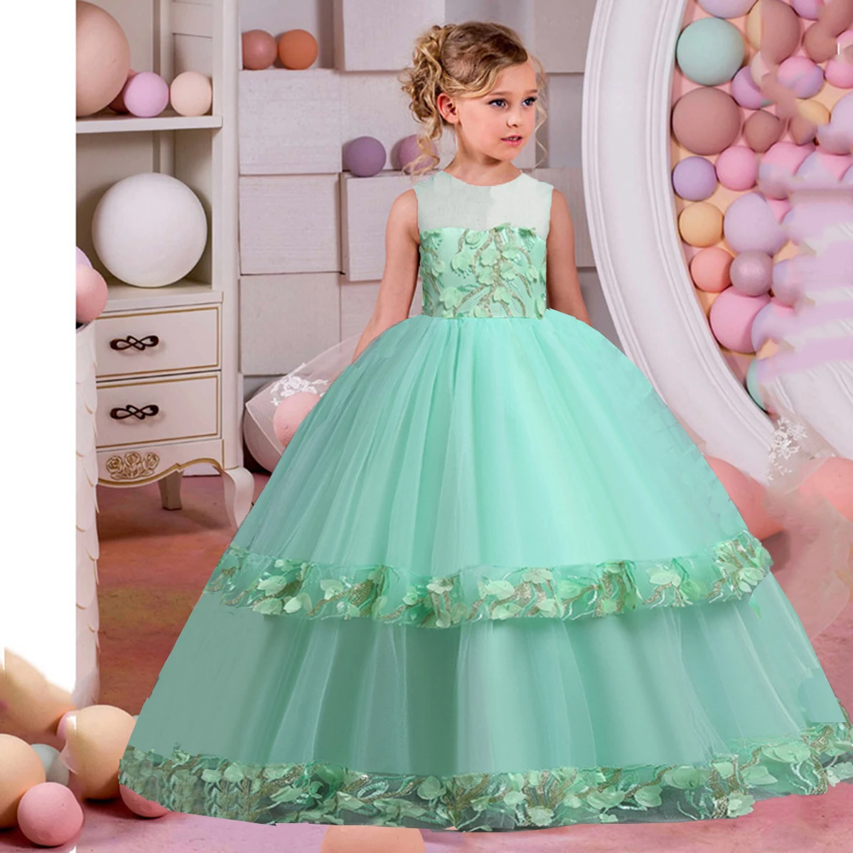 

Charlotte Stylish Little Big Girls 3D Flower Girl Birthday Party Pageant Ball Gown Floor Length Long Dress 68060