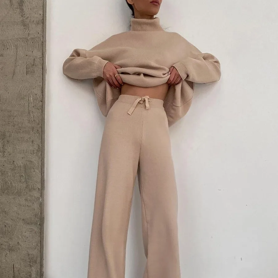 

High Collar Solid Color Autumn Winter Warm Suit Long Sleeve Loose Drawstring Style Wide Leg Trousers Ladies Clothes Kleidersets