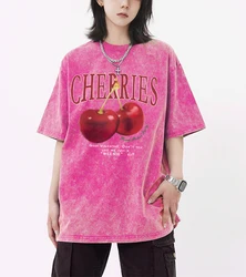 Cherry And Letter Pattern Snow Wash Womens Tee Shirt Sweat Breathable T Shirts All-Match Cotton Top Trendy  Casual Short Sleeve