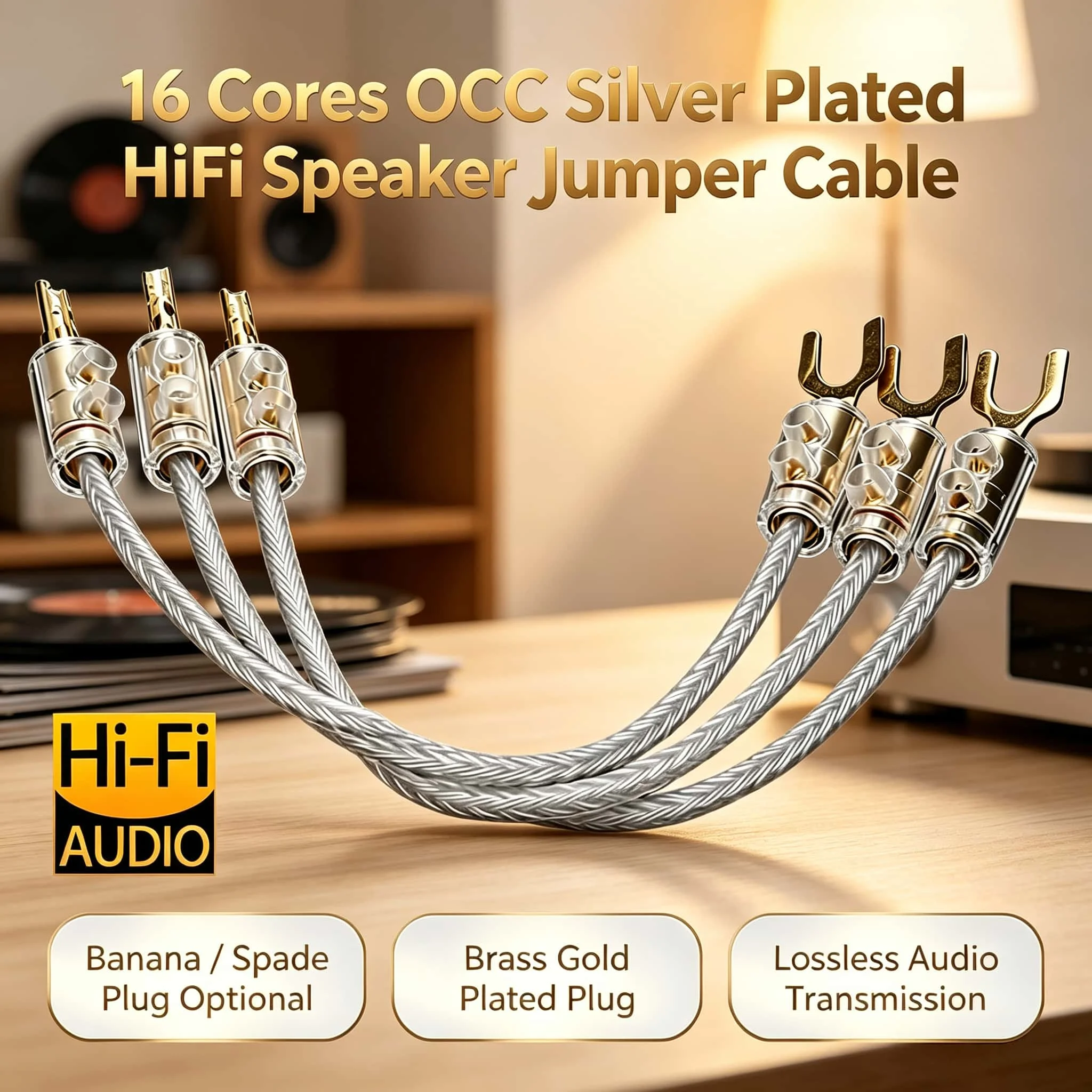 HIFI 16-Kern OCC Versilbertes 4-teiliges Verbindungskabel Audiokabel Bananenstecker Y-Stecker Lautsprecher-Brückenkabel OCC Verstärker-CD-Verbindungskabel