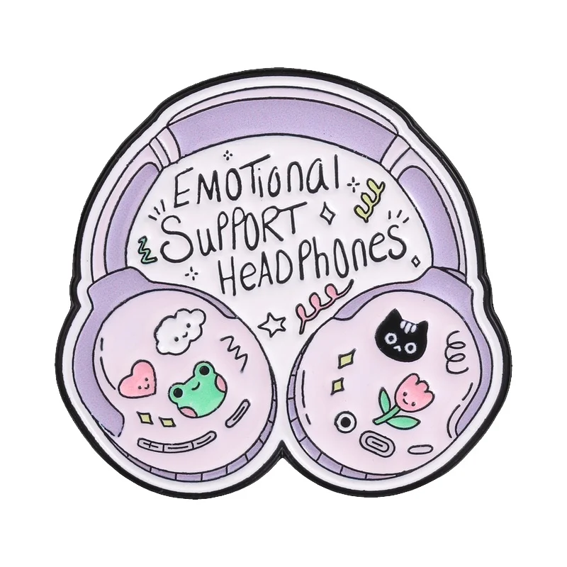 Emotional Support Headphones Enamel Pins Cute Healing Frog Cat Tulips Headphone Brooch Fashion Lapel Badge Backpack Jewelry Gift