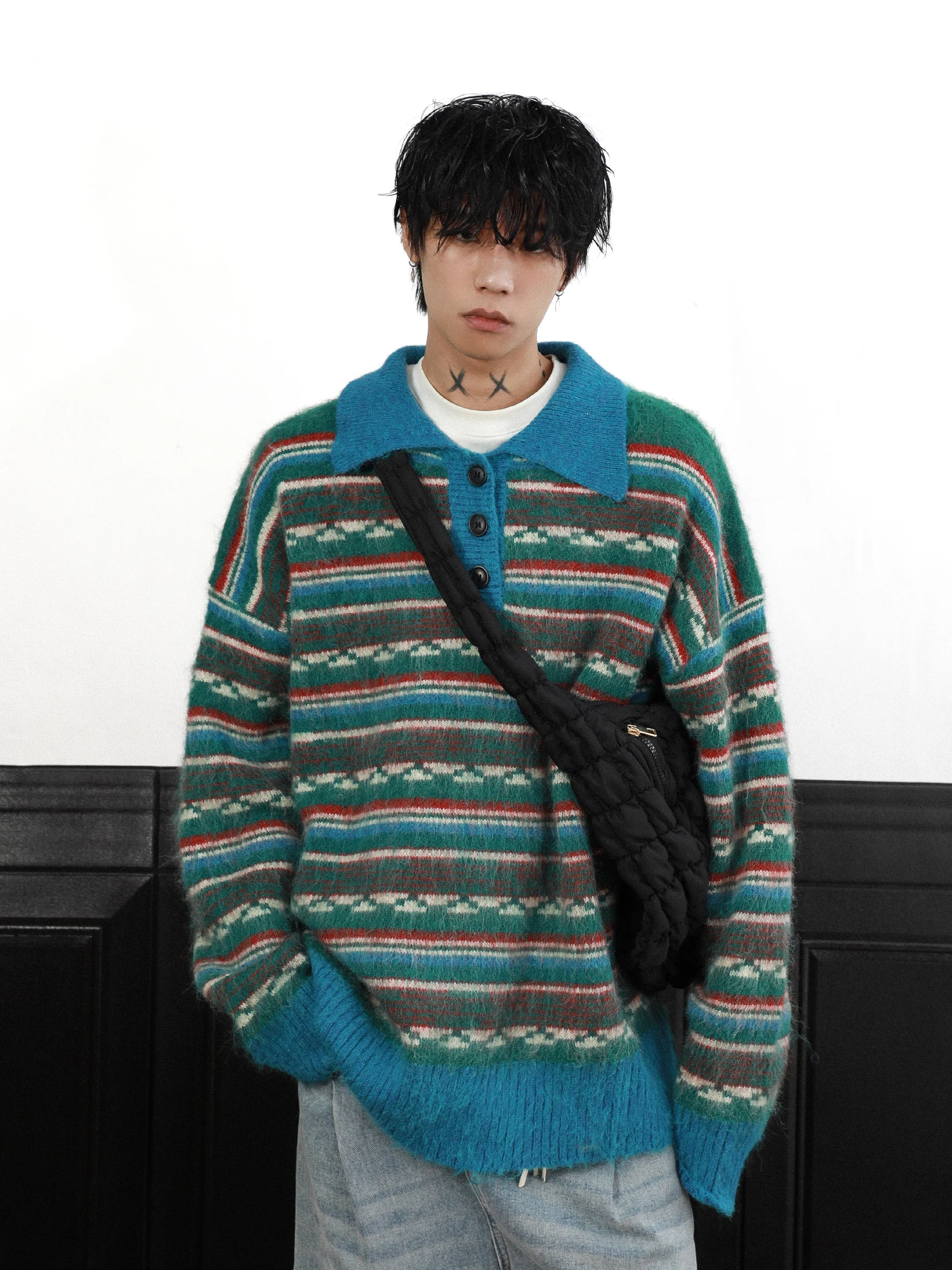 American Retro Collar Striped Sweater Men Loose Casual Lazy Style Color Block Knitted Shirt Youth Vitality Style Long Sl...