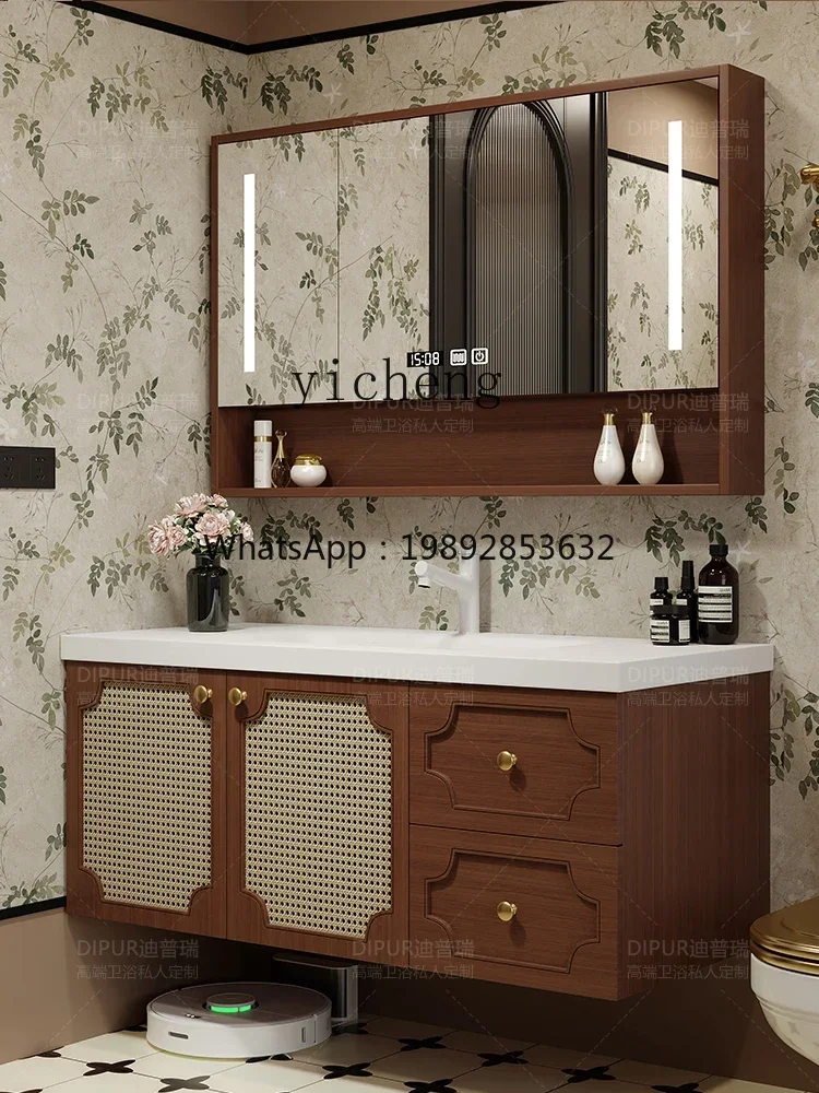 

AB Ancient Style Retro Bathroom Cabinet Combination Rattan Bathroom Table Corian Stone Plate Integrated Ceramic Basin