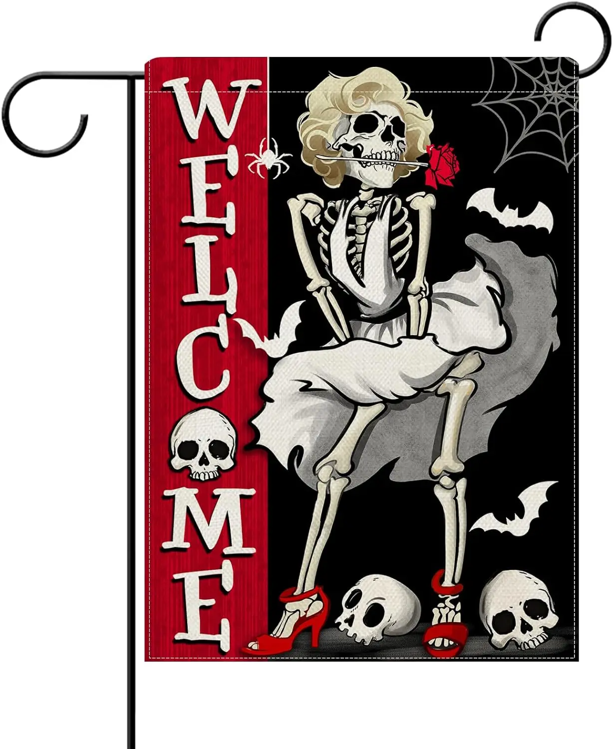 Welcome Halloween Skeleton Decorative Garden Flag, Spooky Skull Bat Spider Web Red Black Yard Outside Home Decorations, Gothic H