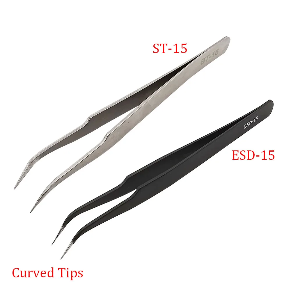 10Pcs ST/ESD10-15 Anti-static Stainless Steel Tweezers Repair Tool Electronics Industrial Tweezers Straight Elbow Pincet Clips