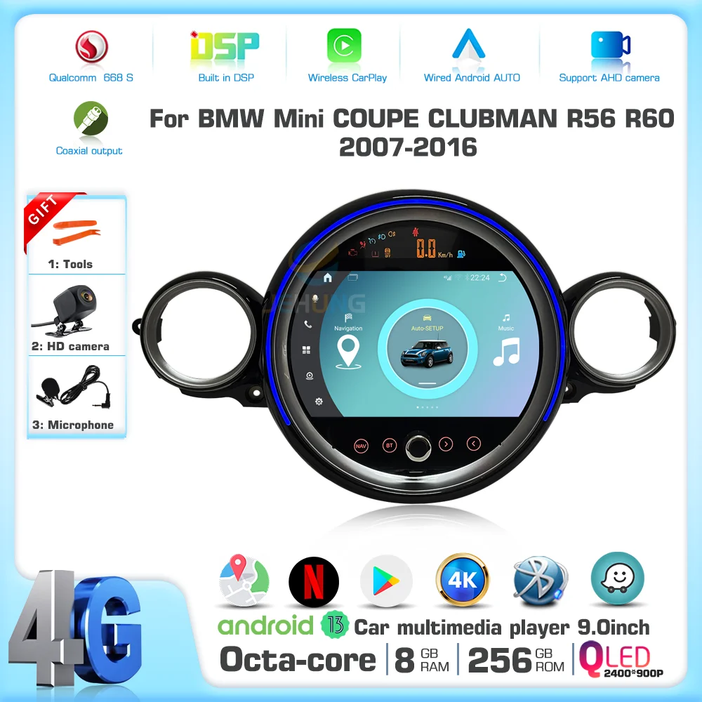 JEHUNG Android 13 For BMW Mini COUPE CLUBMAN R56 R60 2007-2016 Car Multimedia Player CarPlay GPS Radio 5G Navigation 8+256GB