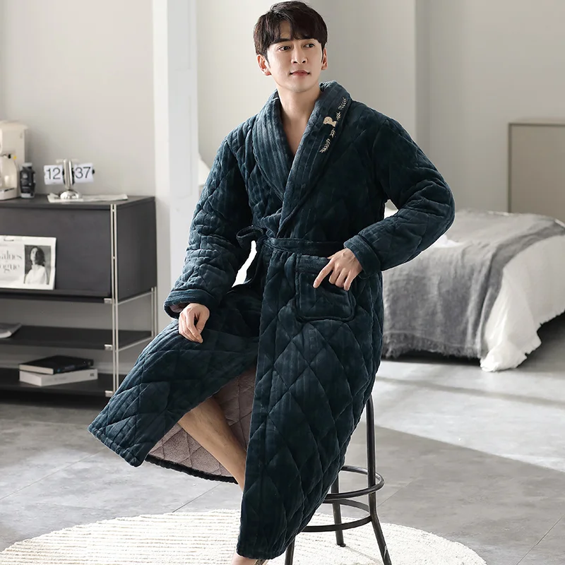 كبير الحجم M-2XL الرجال روب استحمام 3 طبقة كليب القطن البشكير الذكور روب للنوم البيجامات Hombre