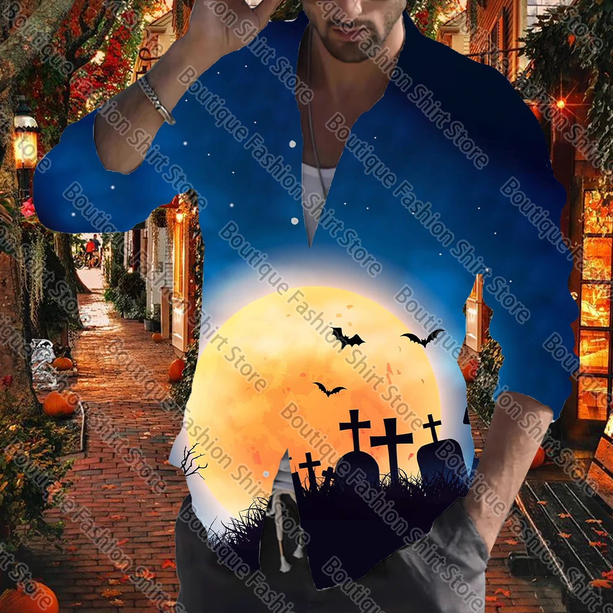 Camisas de Halloween para hombres, top de fiesta al aire libre de calle, botones de manga larga, solapa, suave y cómodo, Otoño e Invierno