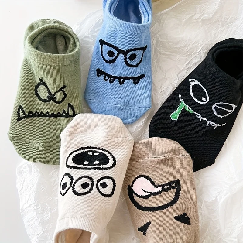 

5 Pairs of Cartoon Funny Expression Boat Socks, Spring and Summer Thin Invisible Cute Socks