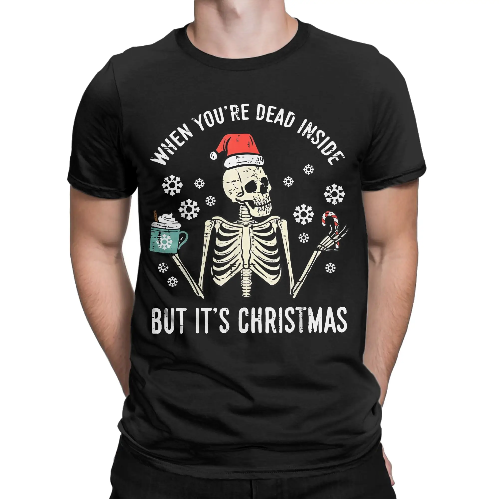 Kawaii Dead Inside But Its Christmas Skeleton Coffee Xmas T Shirt Men Cotton Short Sleeve  Round Neck Summer Tops
