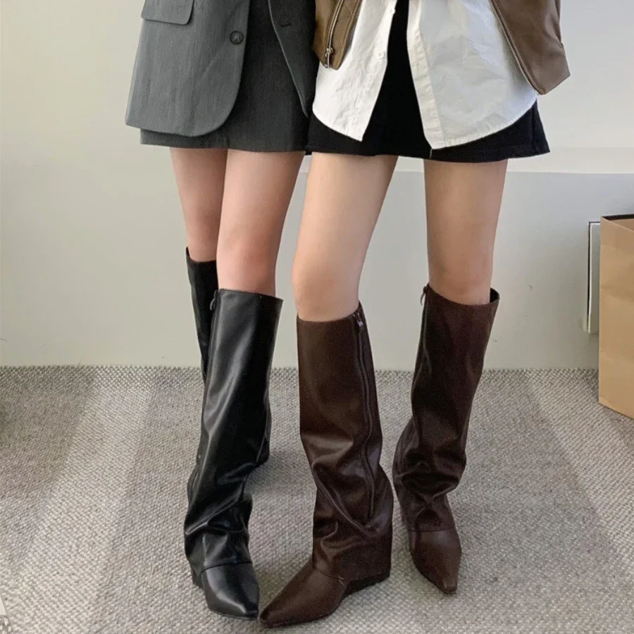 

Женские высокие сапоги с острым носком, модные пикантные туфли на среднем каблуке, женские трендовые ботинки челси на массивном каблуке, элегантные туфли-лодочки Mujer Snow Goth Botas