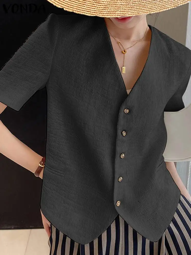 

Sexy Shirts Elegant V-neck Blouse 2023 VONDA Women Summer Casual Solid Tunic Tops Loose Short Sleeve Button Party Blusas Mujer