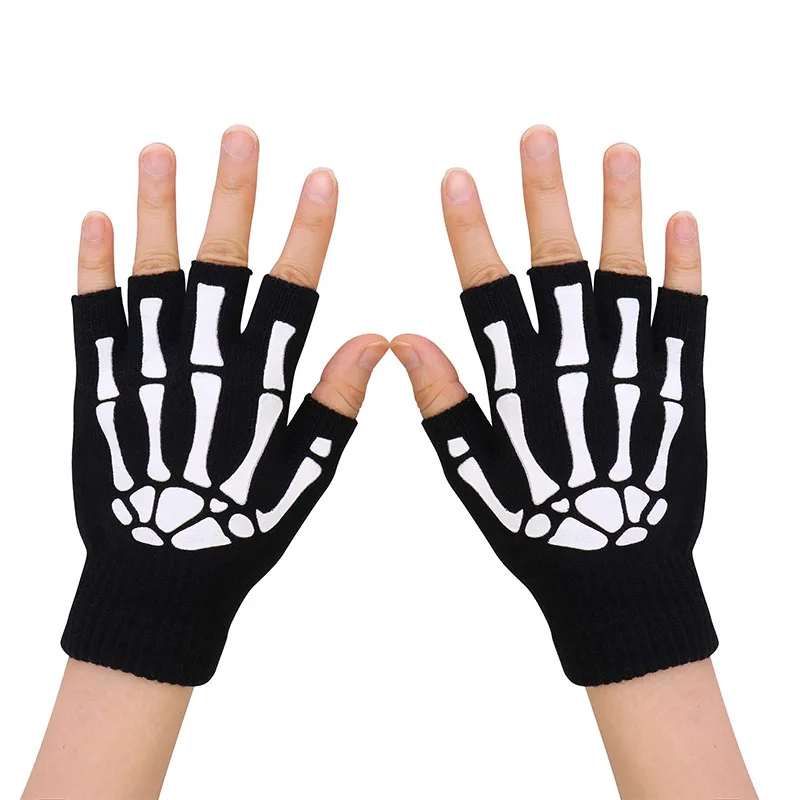 New Adult Cosplay Halloween Skeleton Skull Half Finger Punk Gloves Luminous Claw Print Antumn Winter Warm Knitted Gloves