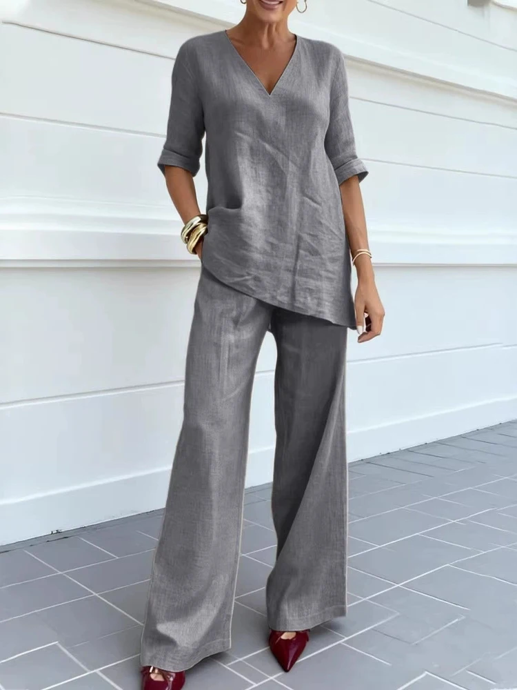 

Women's Casual Short Sleeve Loose 2 Piece Suit Fashion Cotton Linen Straight Set Sexy V-neck Pullover Top & Pant Summer Outfits