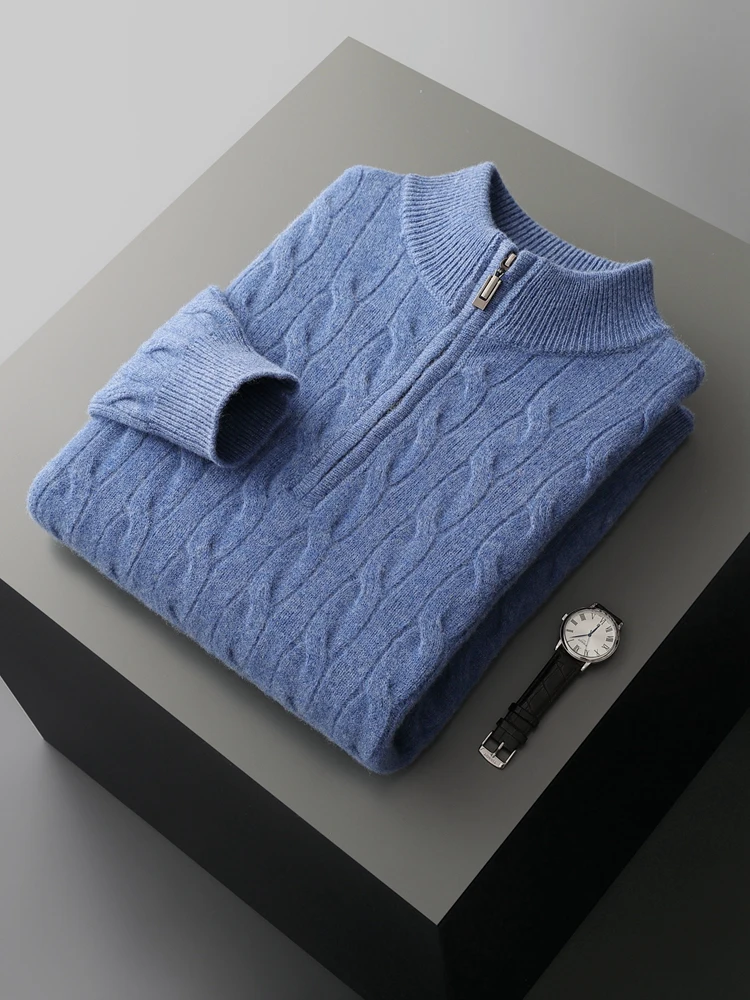 Office Autumn Winter Sweater Pullover Men 100% Merino Wool Sweater Mock Neck Twist Flower Warm Clothes Commut Versatile Knitted