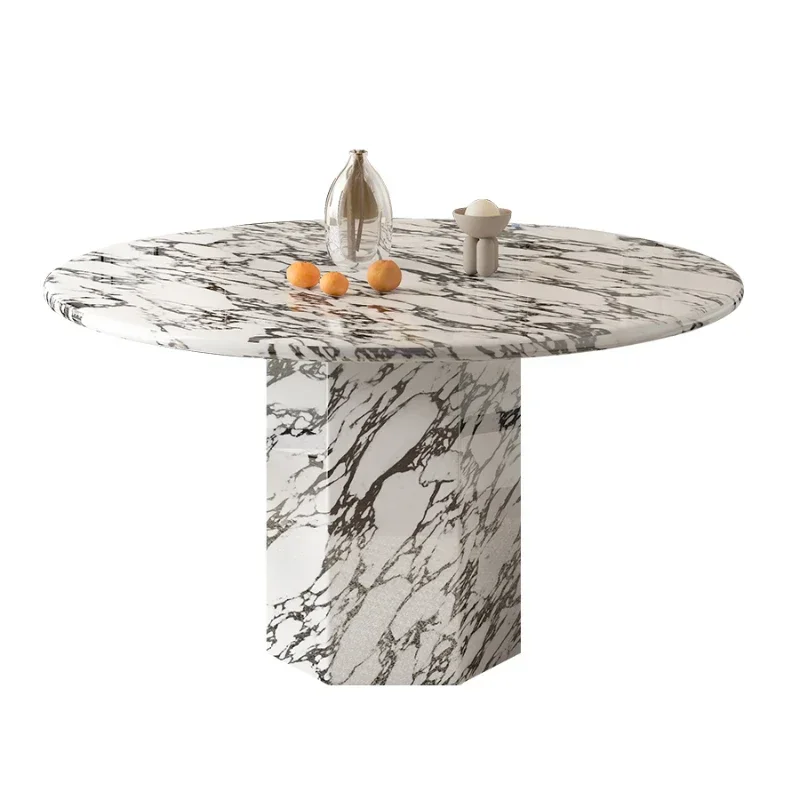 Marble round dining table French simple light luxury high-end round table with turntable small apartment cream style